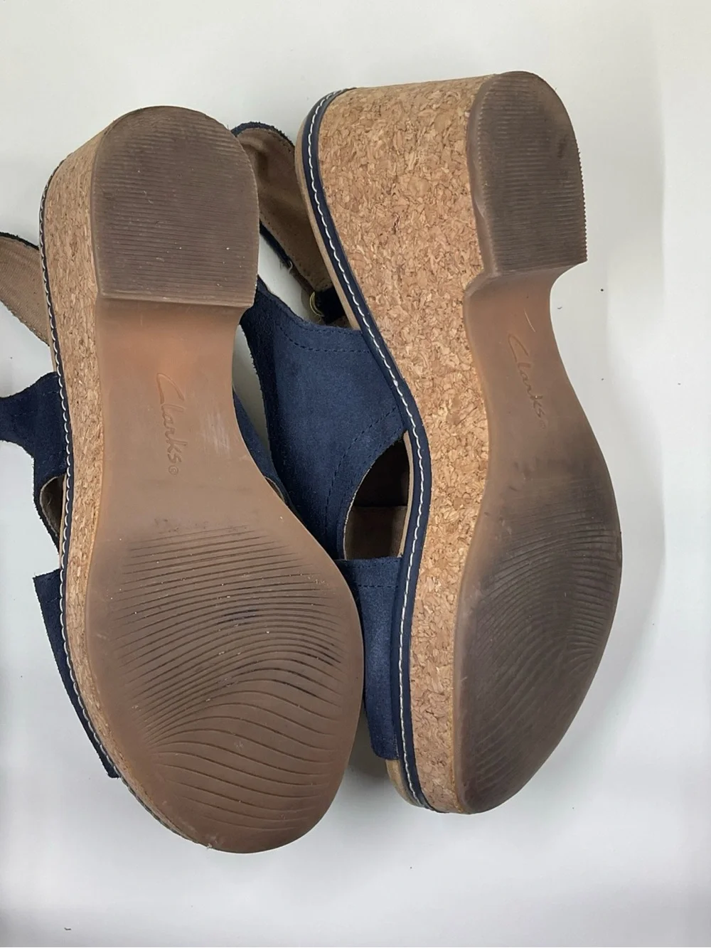 Clarks Navy Suede Cork Wedge Sandals